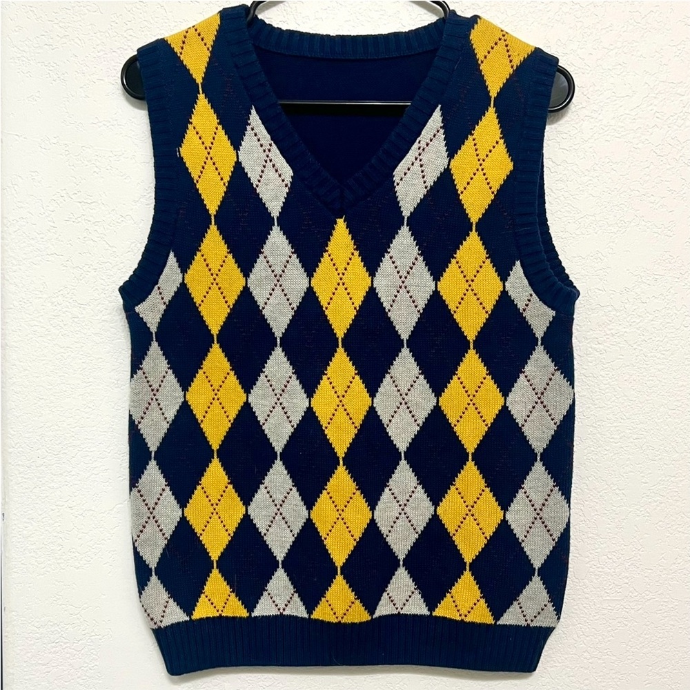Navy and Yellow Argyle Knit Sweater Vest